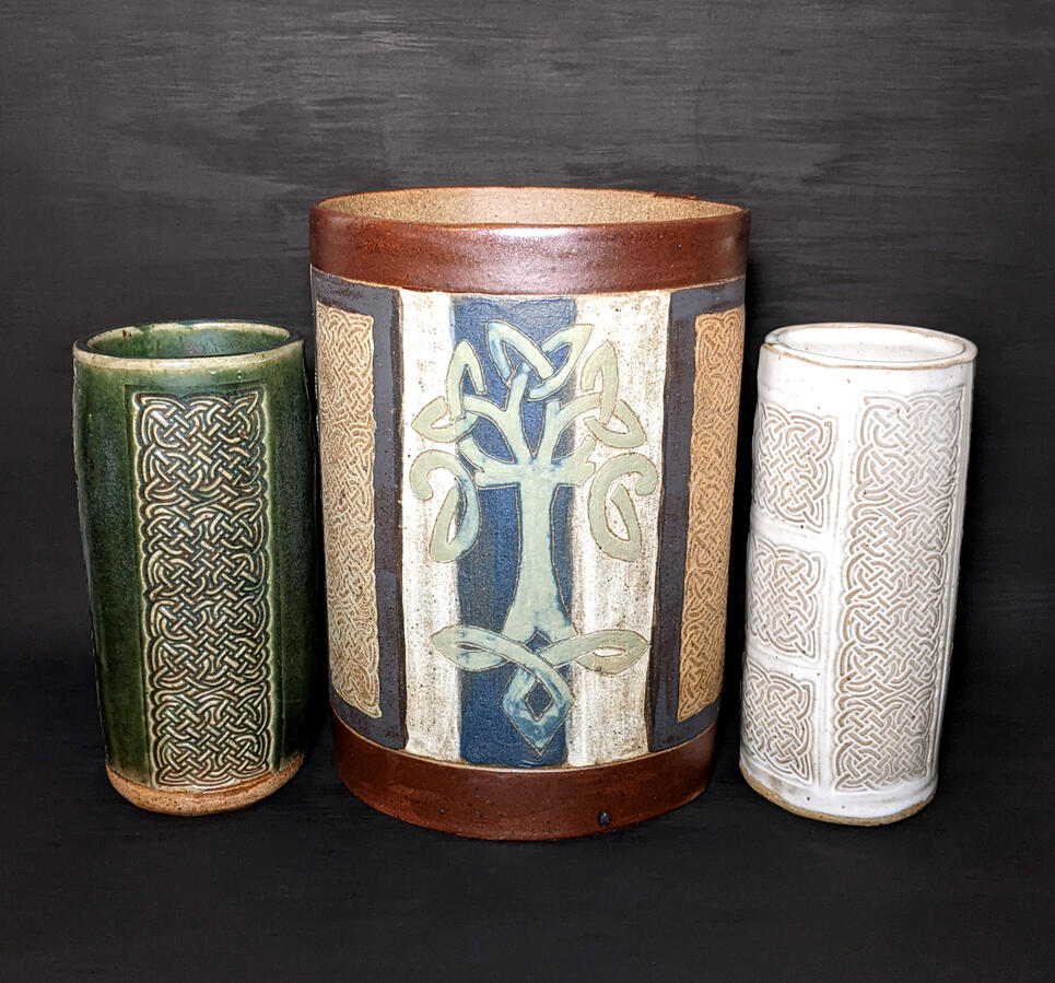 3 vases with celtic knots and tree of life